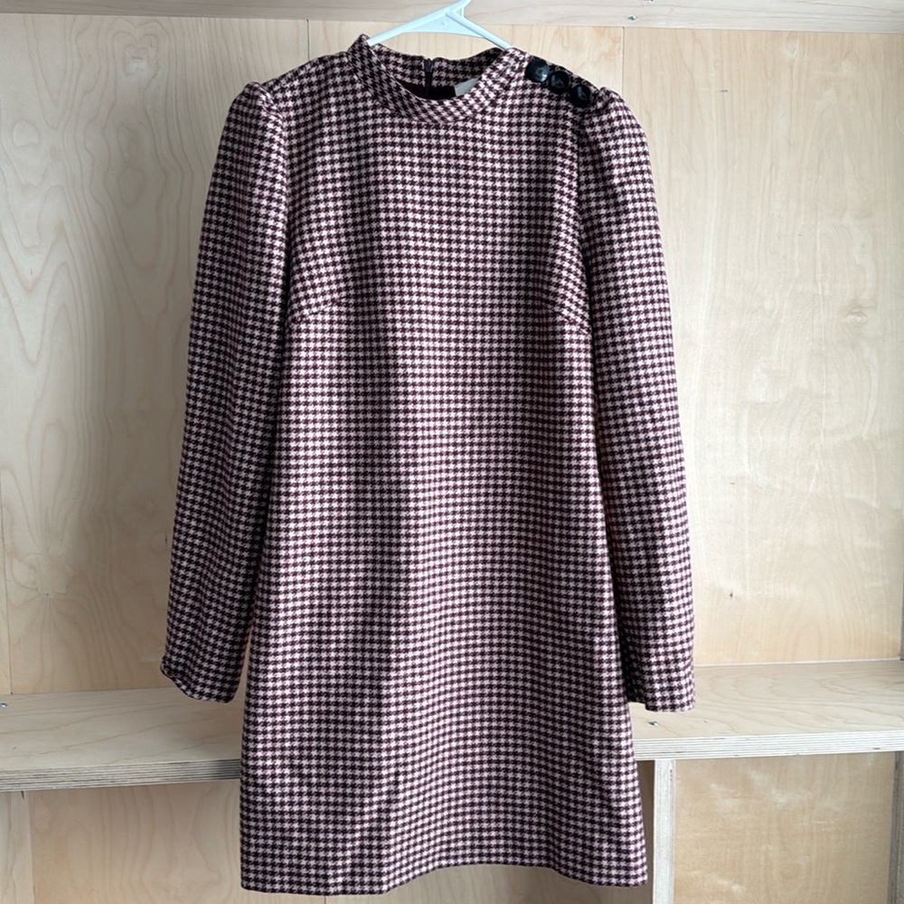 SEZANE - Wool Houndstooth Shift Long Sleeve Dress - Size 34